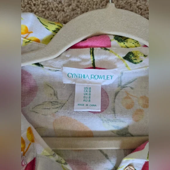 Cynthia Rowley Linen Blend Dress 8 Sleeveless Button Front Fruit Print Belted - Picture 10 of 11